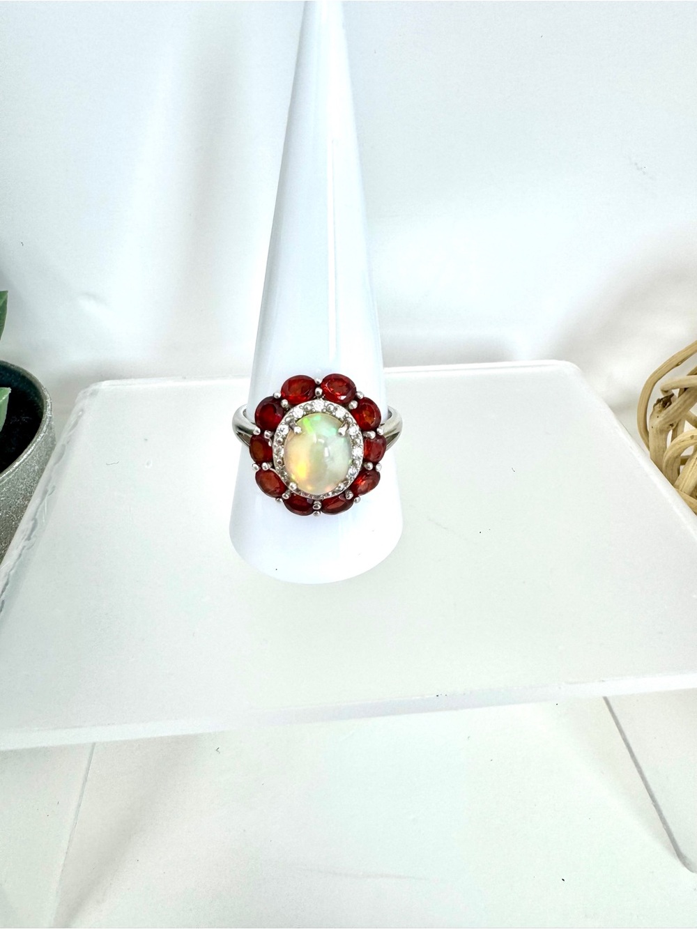 Vintage 925 Sterling Silver Natural Opal & Garnet Floral Cluster Halo Statement